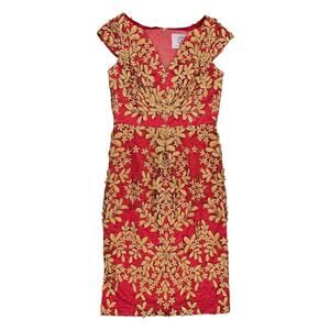 JS Collections Red Gold Soutache Lace Sheath Dress 6 Wedding Guest Gala